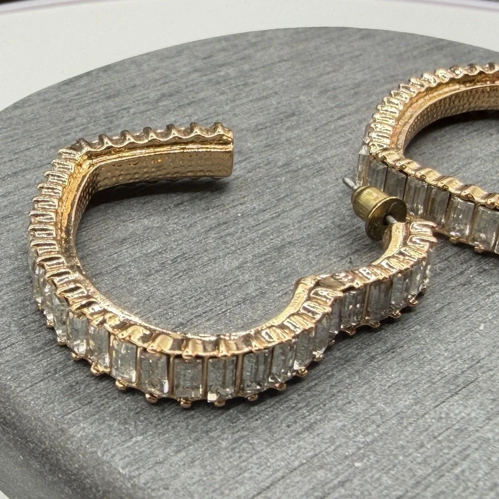 Gold Tone Crystal Baguette Heart Hoop Earrings Statement Romantic Gift for Her